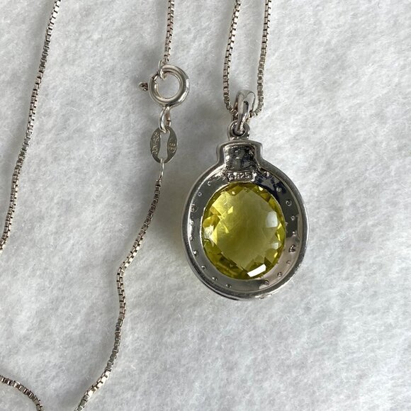 Sterling Silver 925 Oval Domed Faceted Yellow Citrine & Diamond Pendant Necklace - Picture 8 of 16